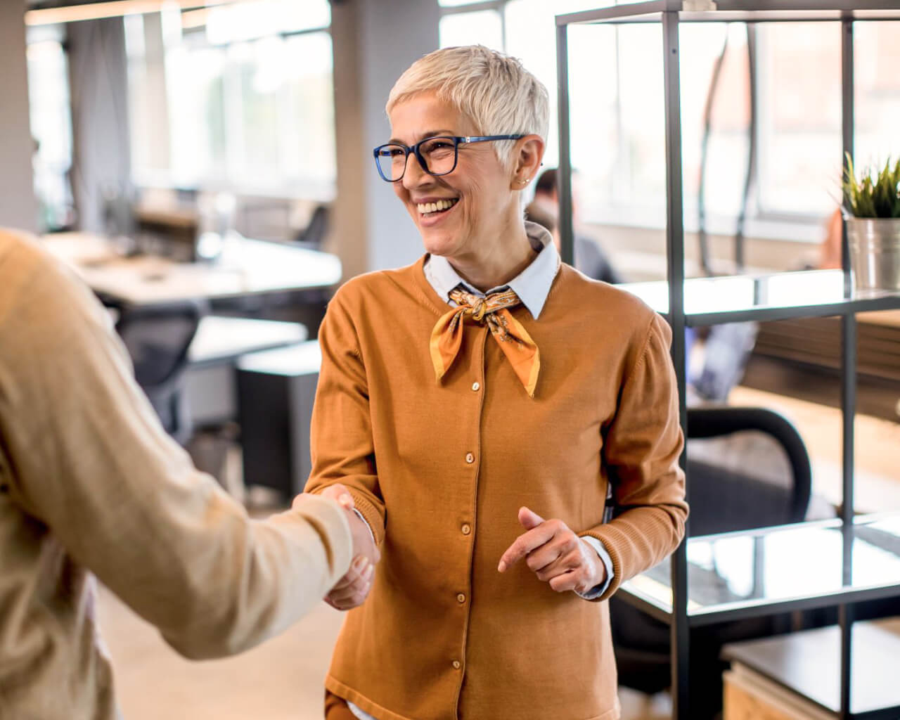 Woman in office shaking hands with colleague