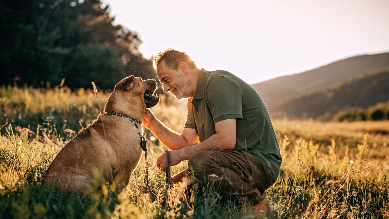 A man playing with his dog outside.