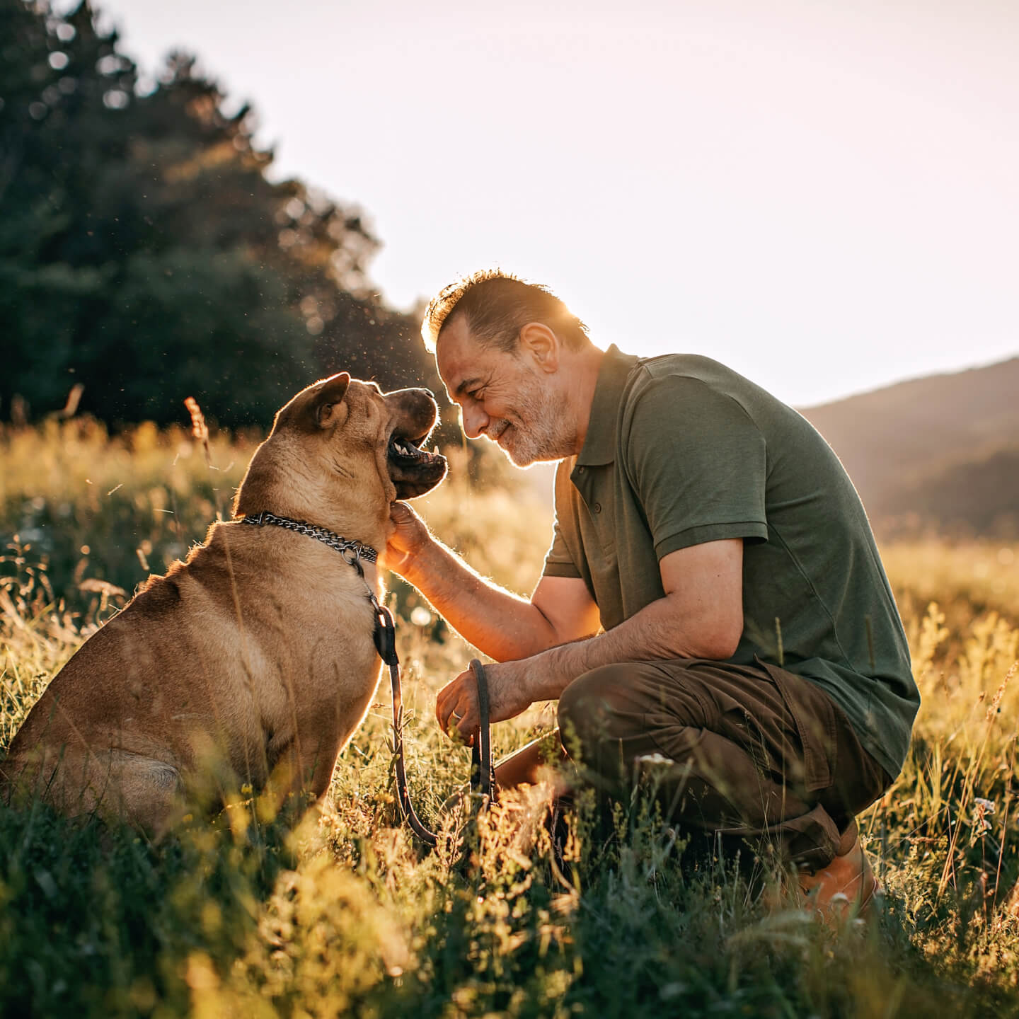 Mental Health First Aid (MHFA) A man playing with his dog in nature.